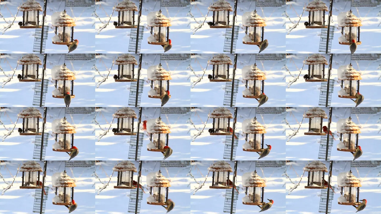 The 16 frames Claude read from Playground recording 07: birds at snowy feeders, in time order, left to right and top to bottom, from 1.23 s to 38.04 s