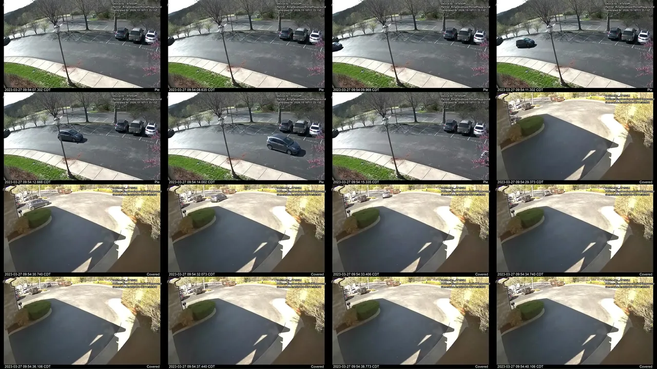 The 16 frames Claude read from Playground recording 05: cars in a parking lot, in time order, left to right and top to bottom, from 0.67 s to 20.80 s