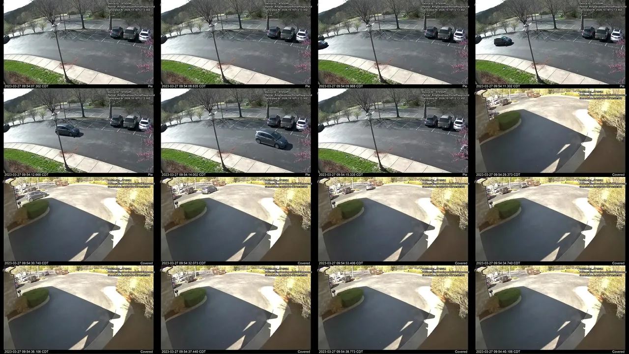 The 16 frames Claude read from Playground recording 06: cars in a parking lot, in time order, left to right and top to bottom, from 0.67 s to 20.80 s